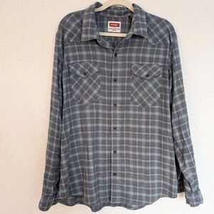 Wrangler Mens Long Sleeve Button Down Plaid Cloud Flannel, Blue, size XL